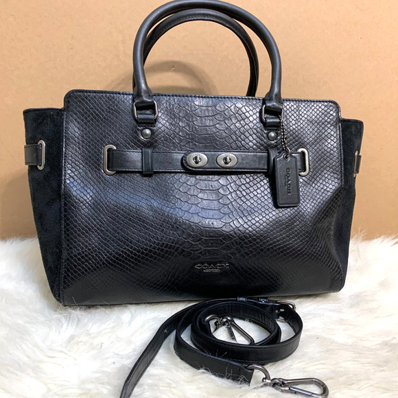 COACH Rare BLAKE CarryAll Black Exotic Python Embossed Leather & Suede F35678 - Picture 1 of 16